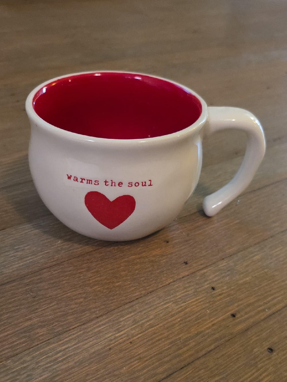 Demdaco "Warms The Soul" Soup Mug with Red Interior and Heart Accent 16oz